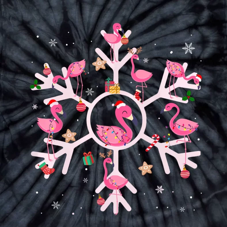 Christmas Flamingo Santa Hat Xmas Lights Flamingo Snowflakes Tie-Dye T-Shirt