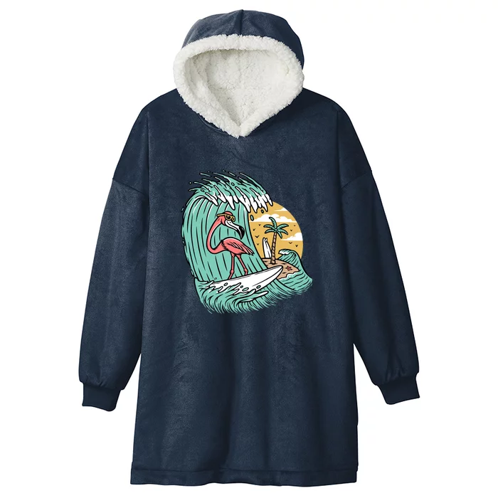 Cute Flamingo Surfing The Sea Holiday Gift Surf Hooded Wearable Blanket