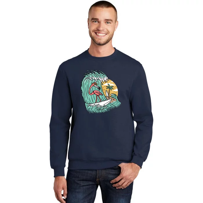 Cute Flamingo Surfing The Sea Holiday Gift Surf Tall Sweatshirt