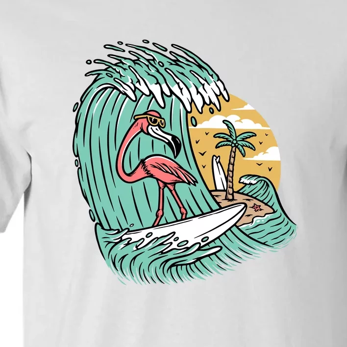 Cute Flamingo Surfing The Sea Holiday Gift Surf Tall T-Shirt