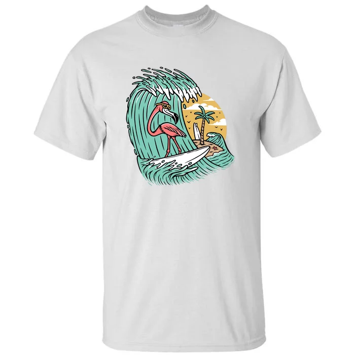 Cute Flamingo Surfing The Sea Holiday Gift Surf Tall T-Shirt