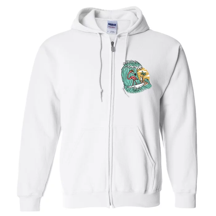 Cute Flamingo Surfing The Sea Holiday Gift Surf Full Zip Hoodie