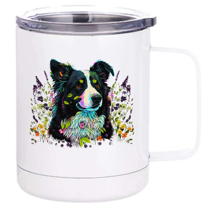 Cute Flower Summer Floral Border Collie Front & Back 12oz Stainless Steel Tumbler Cup