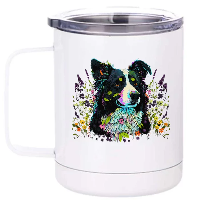 Cute Flower Summer Floral Border Collie Front & Back 12oz Stainless Steel Tumbler Cup