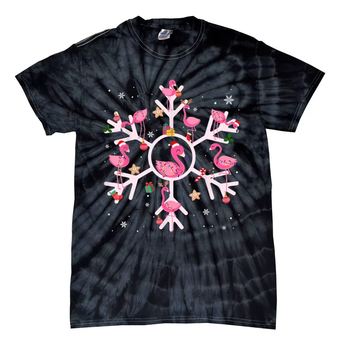 Christmas Flamingo Santa Hat Snowflakes Tie-Dye T-Shirt