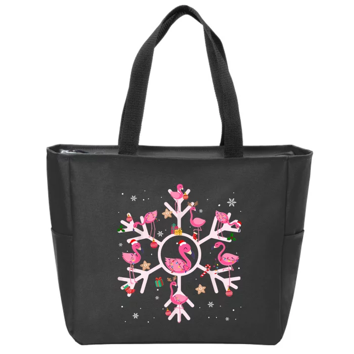 Christmas Flamingo Santa Hat Snowflakes Zip Tote Bag