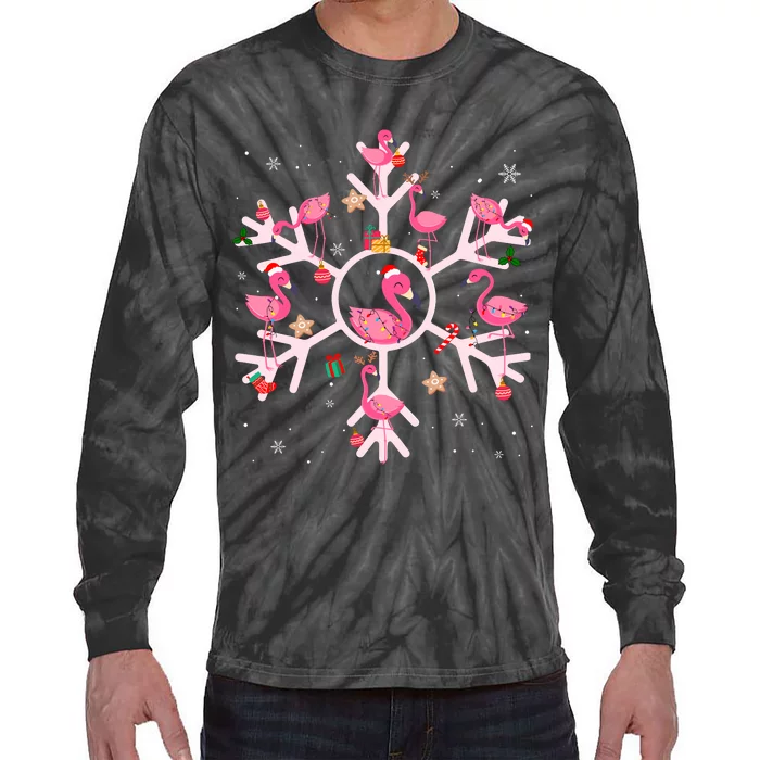 Christmas Flamingo Santa Hat Xmas Lights Flamingo Snowflakes Tie-Dye Long Sleeve Shirt