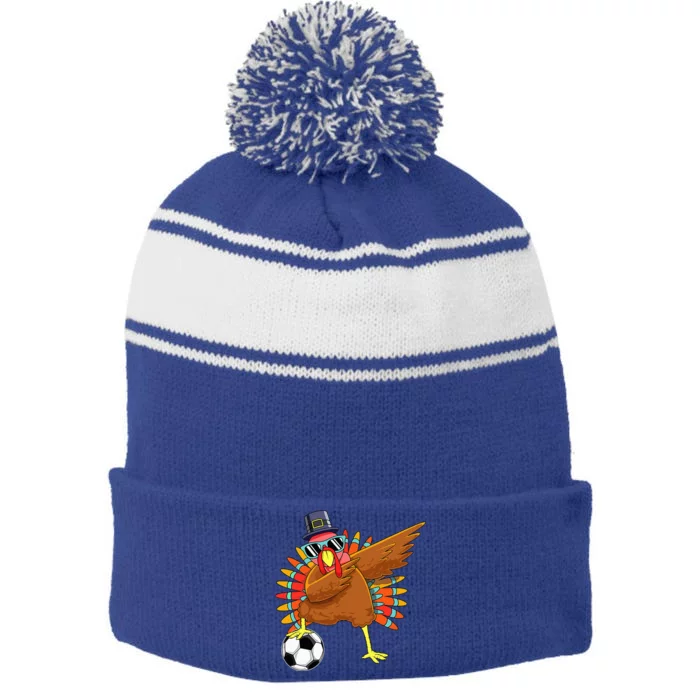 Cute Funny Soccer Thanksgiving Dabbing Turkey Dab Stripe Pom Pom Beanie