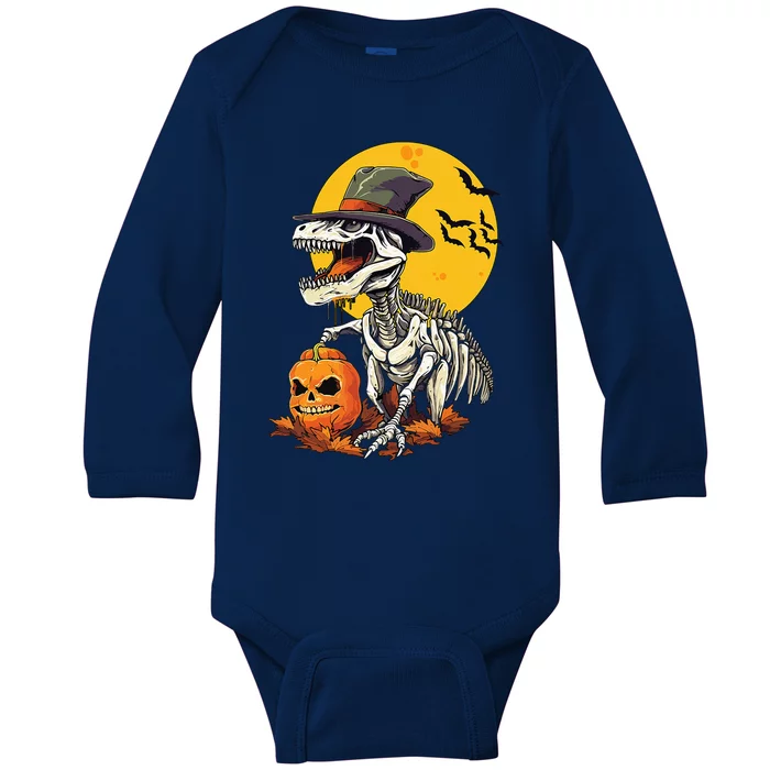 Creepy Funny Skeleton Dinosaur T Rex Halloween Baby Long Sleeve Bodysuit