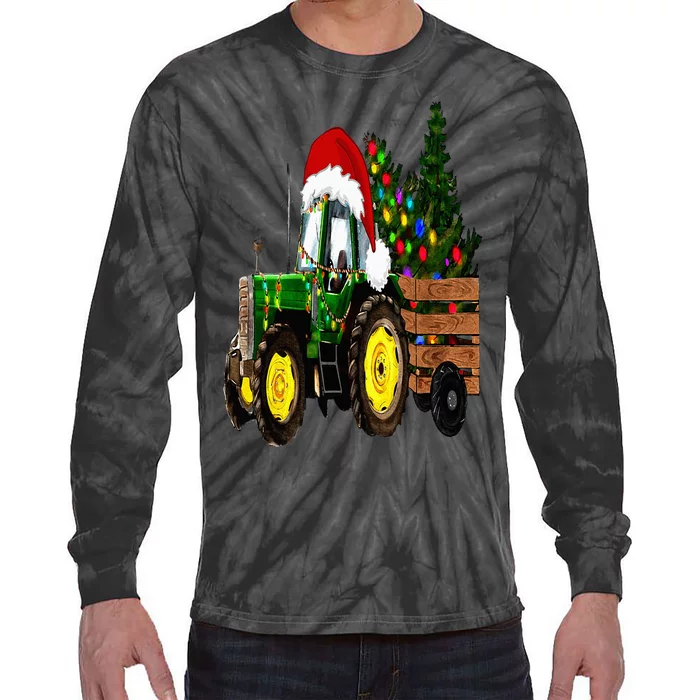 Christmas Farm Tractor Christmas Tree Lights Santa Farmer Tie-Dye Long Sleeve Shirt