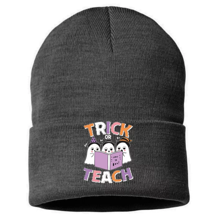 Cute Funny Trick Or Teach Reading Ghost Sustainable Knit Beanie