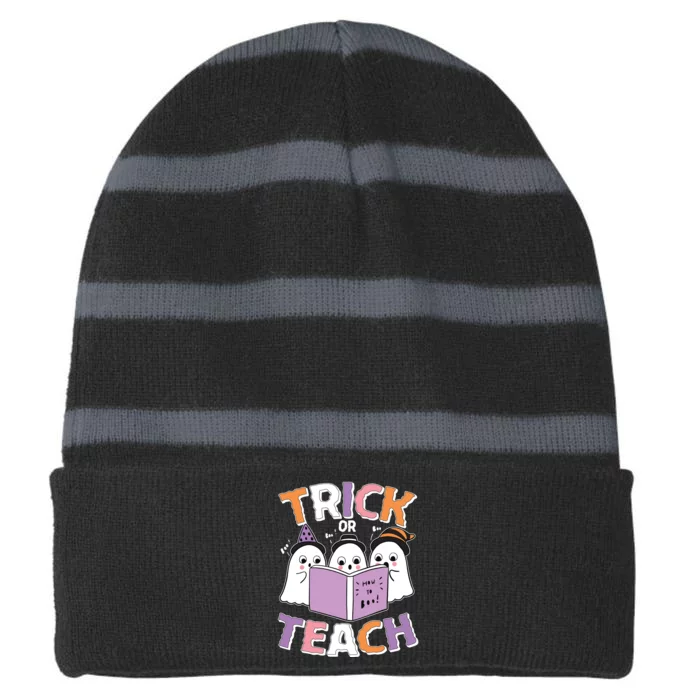 Cute Funny Trick Or Teach Reading Ghost Striped Beanie with Solid Band