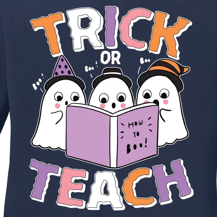 Cute Funny Trick Or Teach Reading Ghost Ladies Long Sleeve Shirt