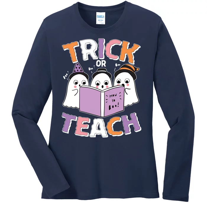 Cute Funny Trick Or Teach Reading Ghost Ladies Long Sleeve Shirt