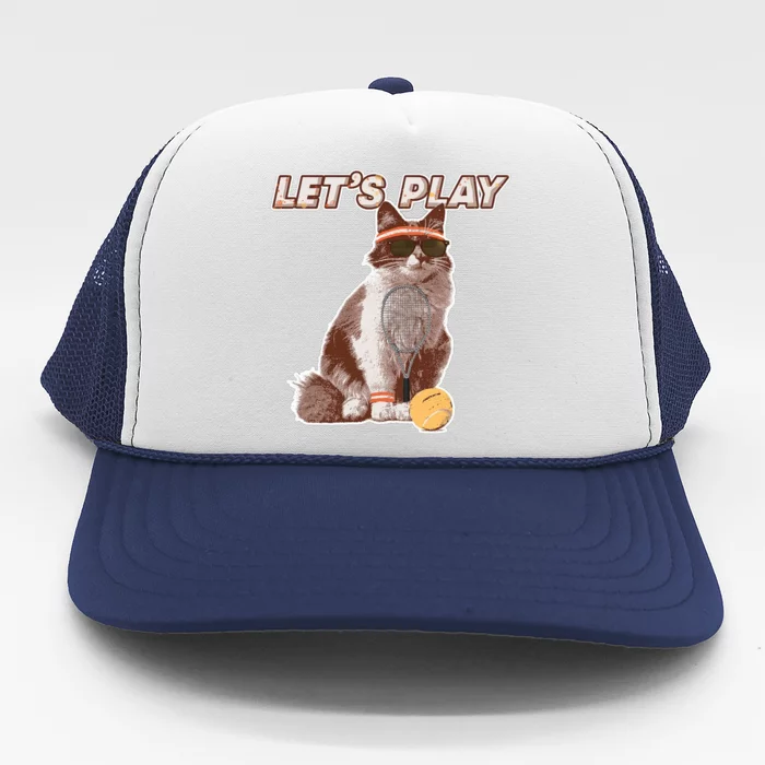 Cool Funny Tennis Cat Wearing Sunglasses Tennis Racket Ball Trucker Hat