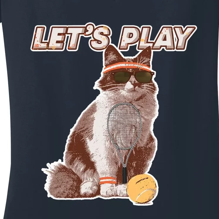 Cool Funny Tennis Cat Wearing Sunglasses Tennis Racket Ball Women's V-Neck T-Shirt