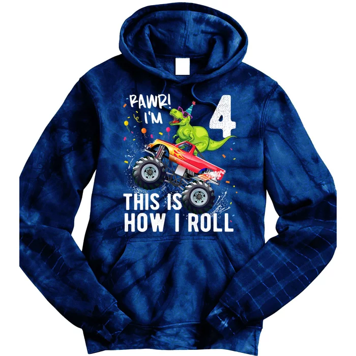 Cute Funny T Rex Dinosaur Monster Truck Gift 4th Birthday Boys And Girls Gift Tie Dye Hoodie