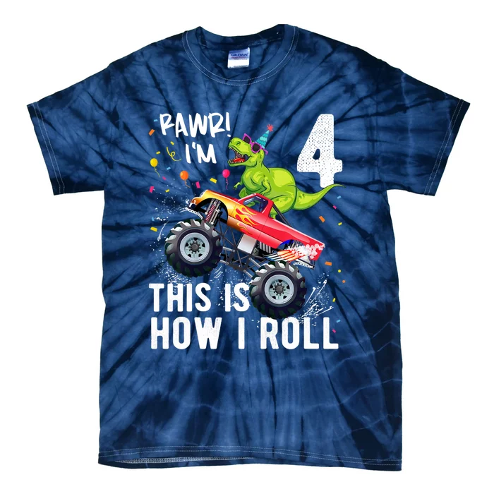 Cute Funny T Rex Dinosaur Monster Truck Gift 4th Birthday Boys And Girls Gift Tie-Dye T-Shirt