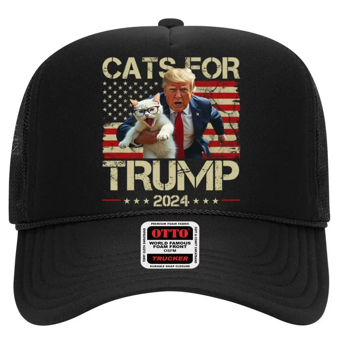 Cats For Trump 2024 Funny Vote Donald Trump High Crown Mesh Trucker Hat