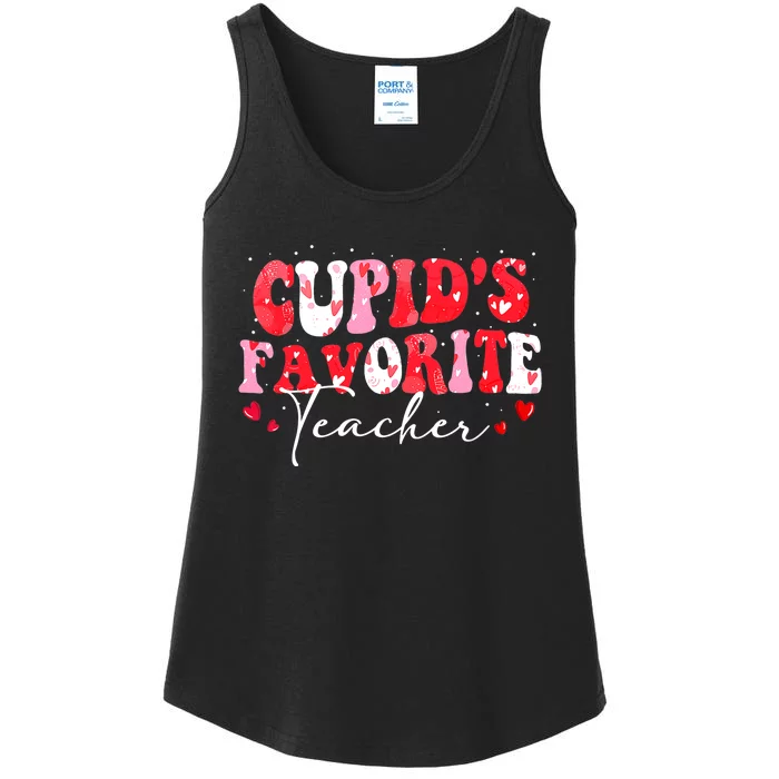 Cupid's Favorite Teacher Groovy Valentines Day Wo Ladies Essential Tank