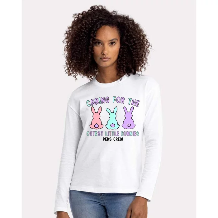 Caring For The Cutest Little Bunnies Peds Crew Easter Nurse Womens Cotton Relaxed Long Sleeve T-Shirt