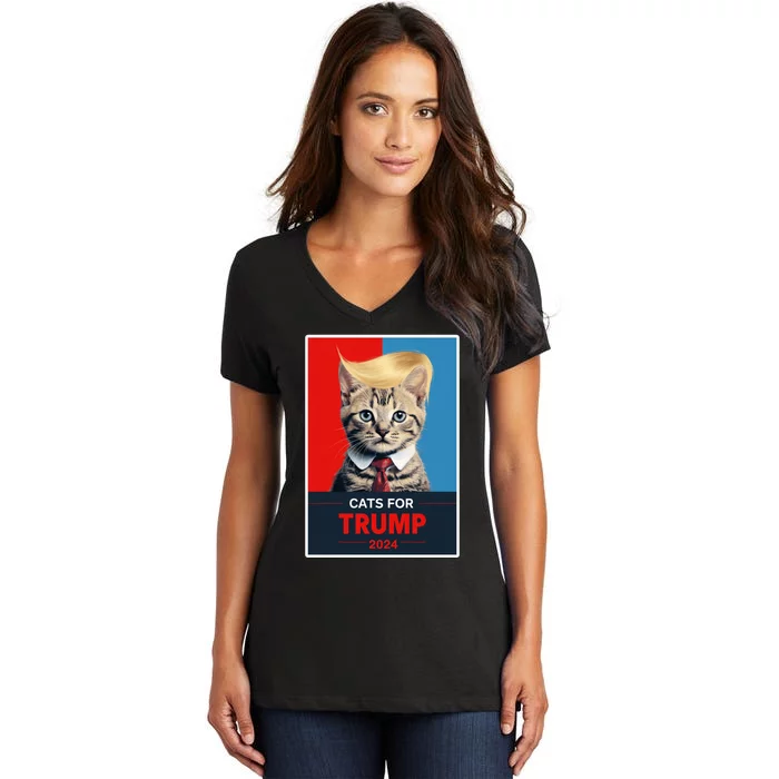 Cats For Trump 2024 Election Funny Trump Cats Lovers Women's V-Neck T-Shirt