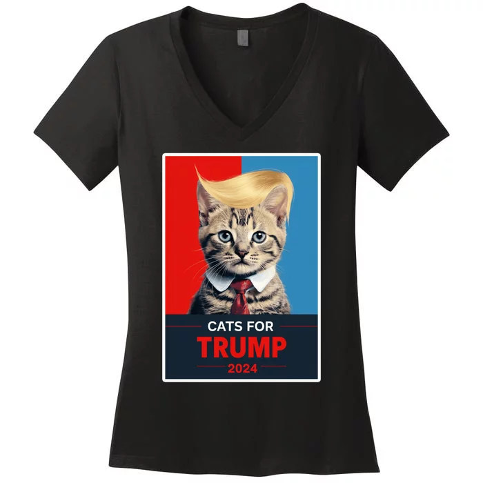 Cats For Trump 2024 Election Funny Trump Cats Lovers Women's V-Neck T-Shirt