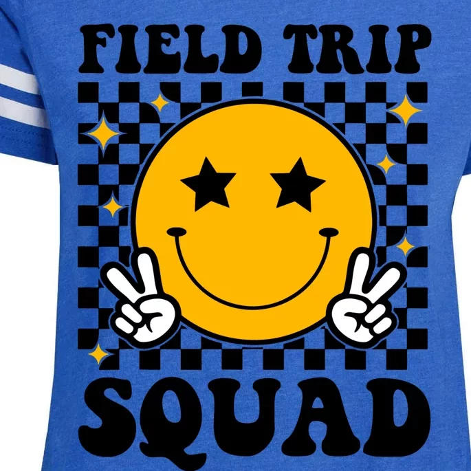 Checkered Field Trip Squad Smiley Face Enza Ladies Jersey Football T-Shirt