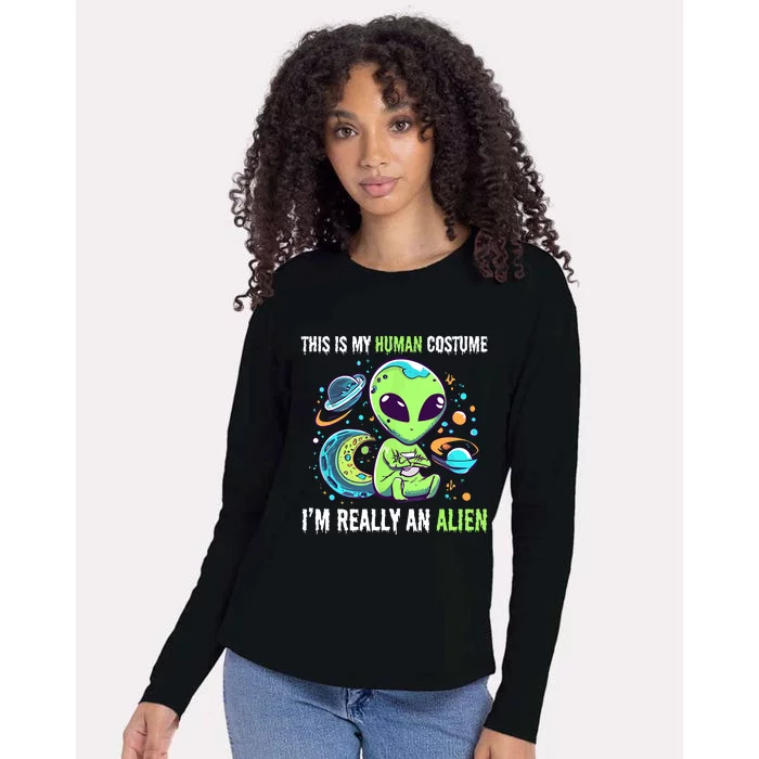 Cute Funny This Is My Human Costume IM Really An Alien Womens Cotton Relaxed Long Sleeve T-Shirt