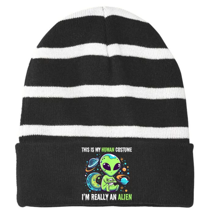 Cute Funny This Is My Human Costume IM Really An Alien Striped Beanie with Solid Band