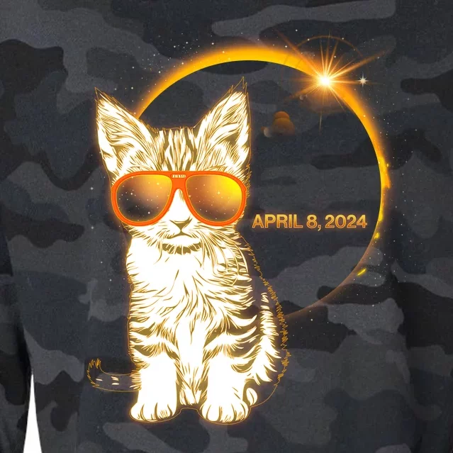 Cool Funny Total Solar Eclipse April 8 2024 Sunglasses Cat Kitten Cropped Pullover Crew