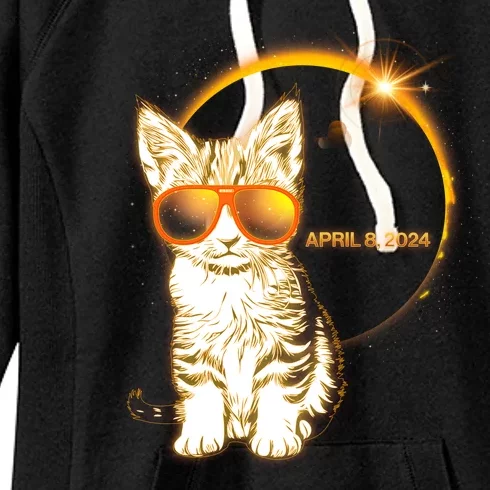 Cool Funny Total Solar Eclipse April 8 2024 Sunglasses Cat Kitten Women's Fleece Hoodie