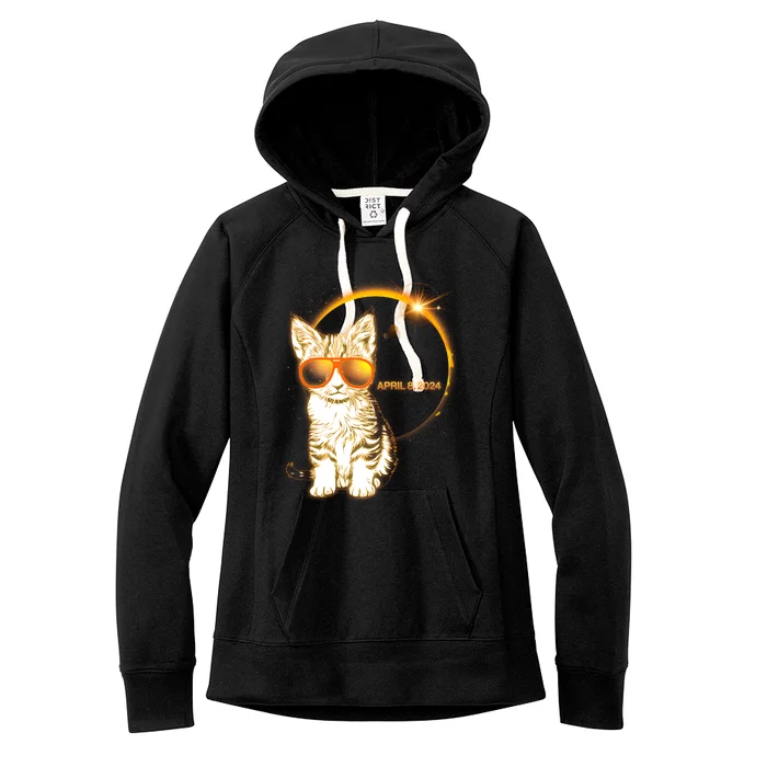 Cool Funny Total Solar Eclipse April 8 2024 Sunglasses Cat Kitten Women's Fleece Hoodie