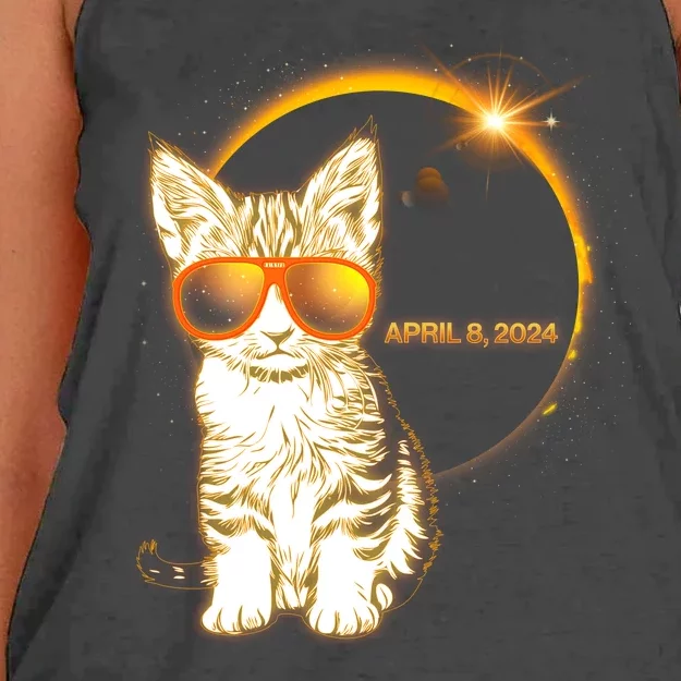 Cool Funny Total Solar Eclipse April 8 2024 Sunglasses Cat Kitten Women's Knotted Racerback Tank