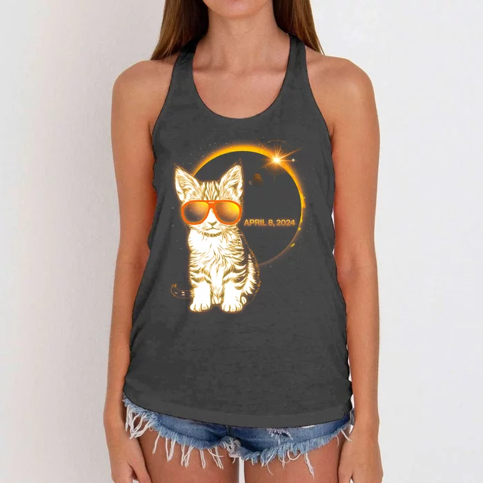 Cool Funny Total Solar Eclipse April 8 2024 Sunglasses Cat Kitten Women's Knotted Racerback Tank