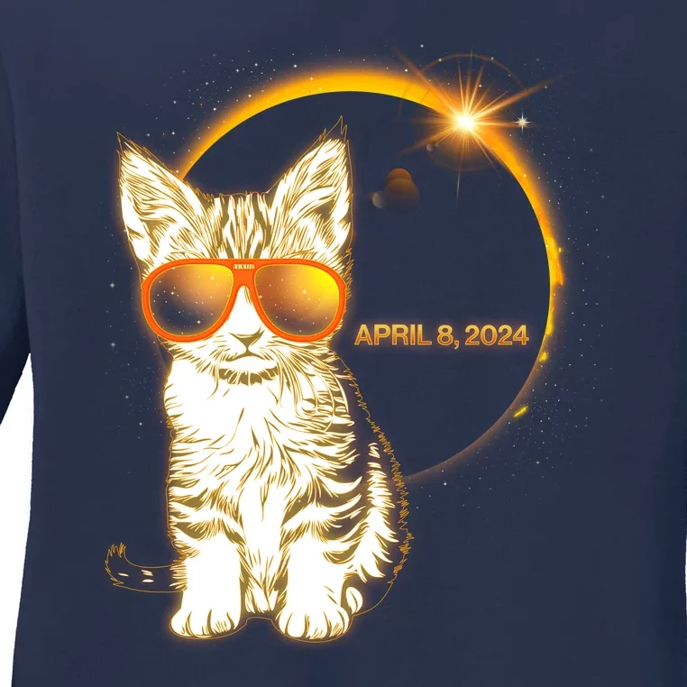 Cool Funny Total Solar Eclipse April 8 2024 Sunglasses Cat Kitten Ladies Long Sleeve Shirt