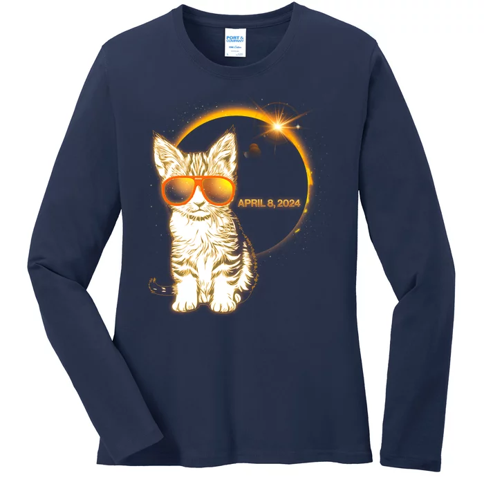 Cool Funny Total Solar Eclipse April 8 2024 Sunglasses Cat Kitten Ladies Long Sleeve Shirt