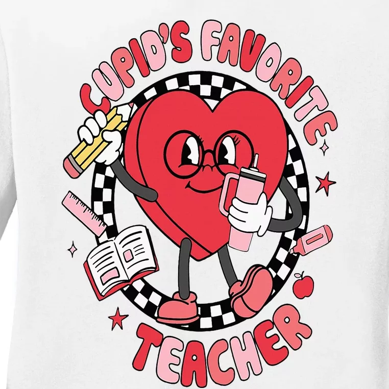 Cupids Favorite Teacher Cute Heart Valentines Day Ladies Long Sleeve Shirt