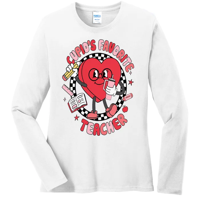 Cupids Favorite Teacher Cute Heart Valentines Day Ladies Long Sleeve Shirt