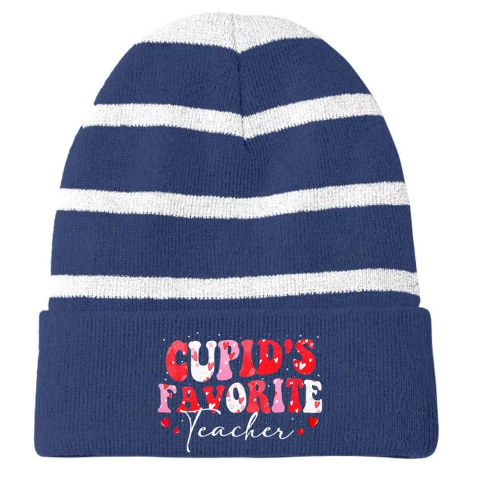 Cupid's Favorite Teacher Retro Valentines Day Striped Beanie with Solid Band