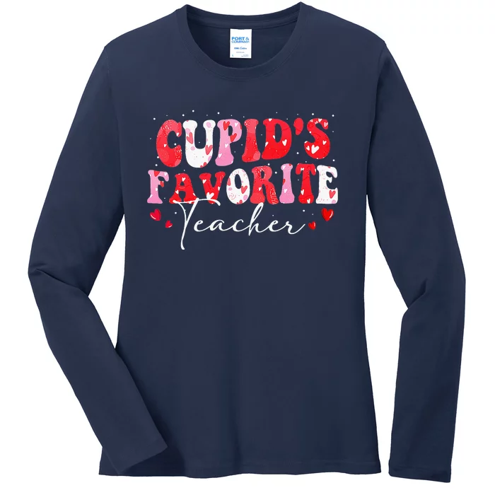 Cupid's Favorite Teacher Retro Valentines Day Ladies Long Sleeve Shirt