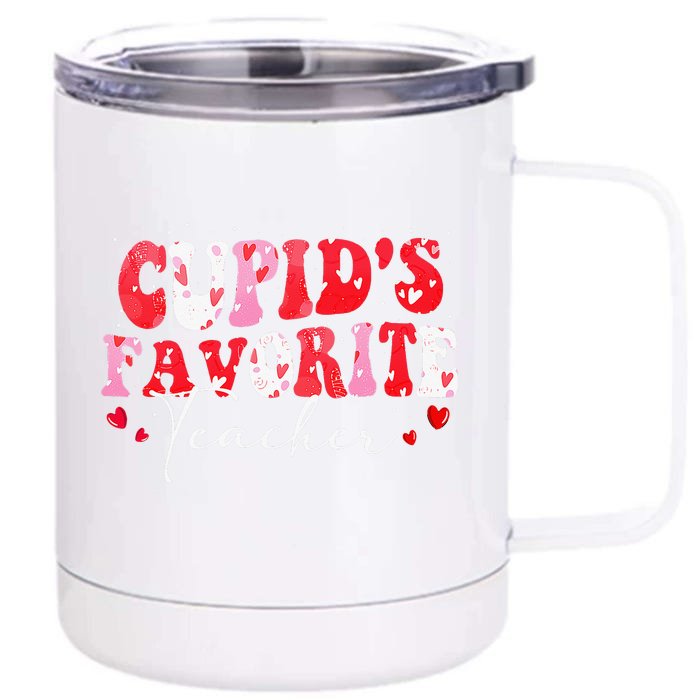 Cupid's Favorite Teacher Retro Valentines Day Front & Back 12oz Stainless Steel Tumbler Cup