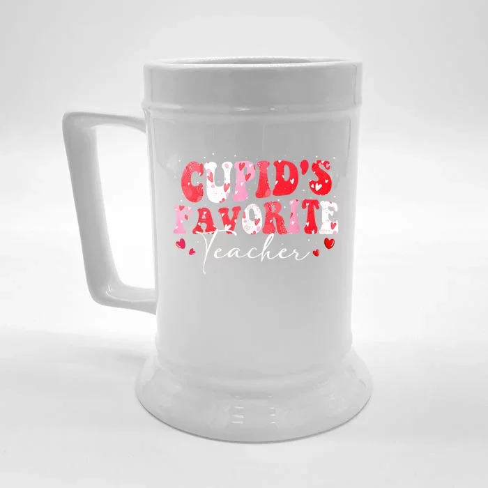 Cupid's Favorite Teacher Groovy Valentines Day Women Front & Back Beer Stein