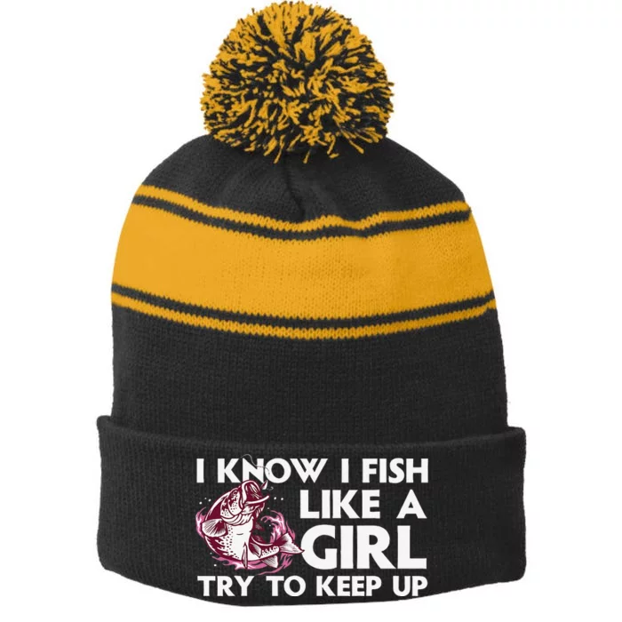 Cool Fishing Trout Angler Bass Fish Hunting Stripe Pom Pom Beanie