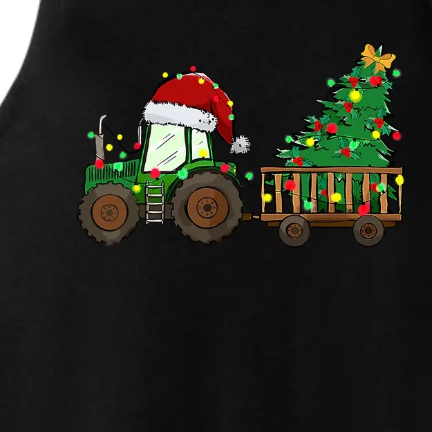 Christmas Farm Tractor Xmas Tree Lights Santa Hat Farmer Ladies Tri-Blend Wicking Tank