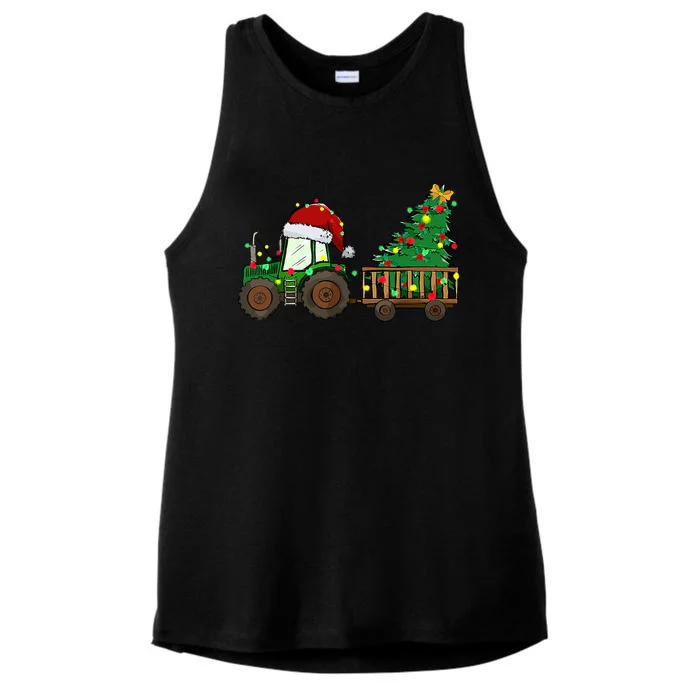 Christmas Farm Tractor Xmas Tree Lights Santa Hat Farmer Ladies Tri-Blend Wicking Tank