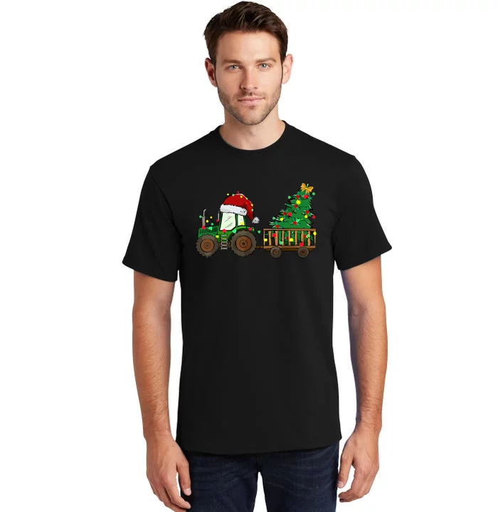 Christmas Farm Tractor Xmas Tree Lights Santa Hat Farmer Tall T-Shirt