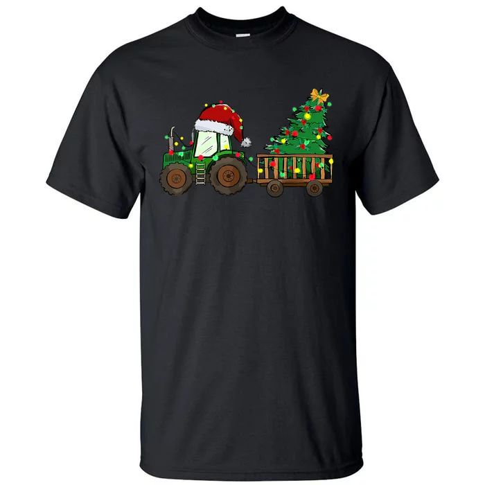 Christmas Farm Tractor Xmas Tree Lights Santa Hat Farmer Tall T-Shirt