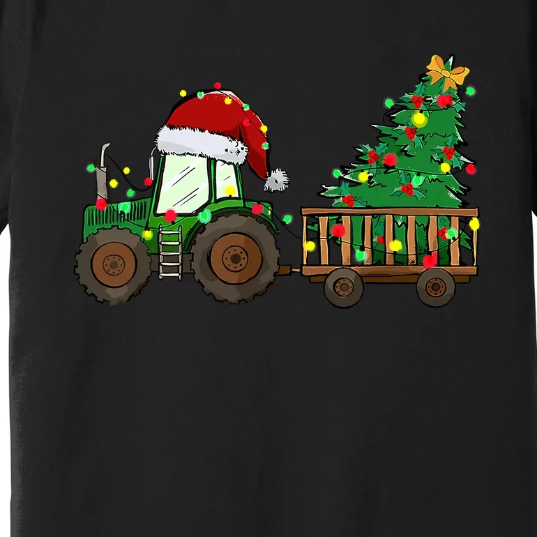 Christmas Farm Tractor Xmas Tree Lights Santa Hat Farmer Premium T-Shirt