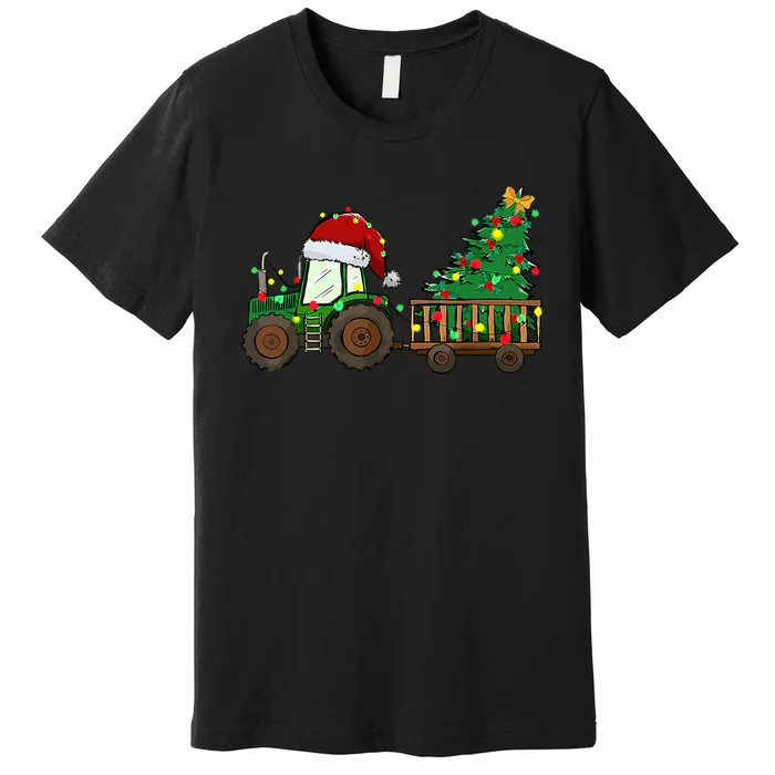 Christmas Farm Tractor Xmas Tree Lights Santa Hat Farmer Premium T-Shirt